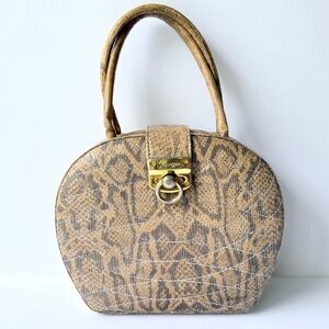 Giorgio Beverly Hills Vintage 1970s Mini Hatbox Style Faux Snakeskin Handbag Tan